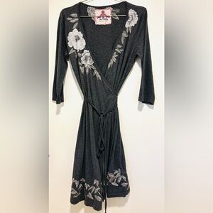 La Cera Charcoal Gray Floral Wrap Midi Dress